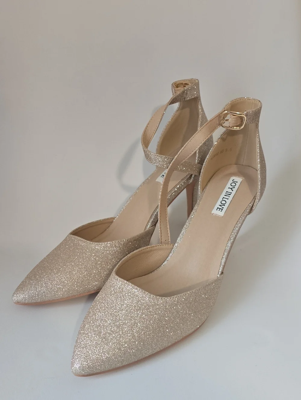 Joy In Love Glitter Pointed-Toe Ankle-Strap Heels in Champagne